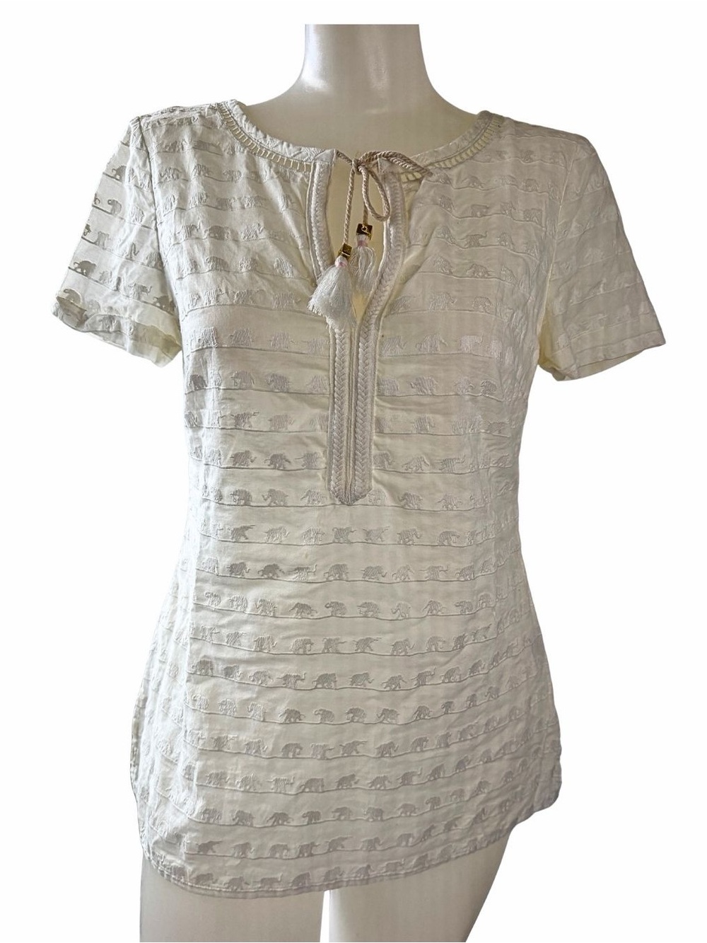Tory Burch Cream Embroidered Tassel Tie Tunic Top Size 2